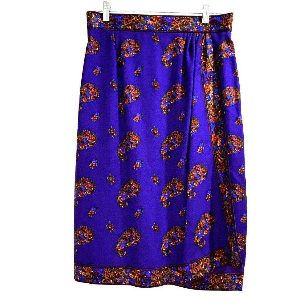 Vintage Carlisle midi skirt size 12 silk & wool blend PURPLE paisley border wrap
